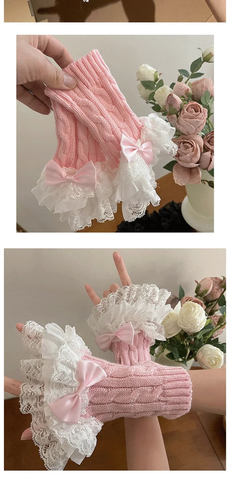 Lolita Lace Fall Winter Warm Sleeves Knitted Cute Fairy Bow Teenage Hand Sleeves Mittens Women