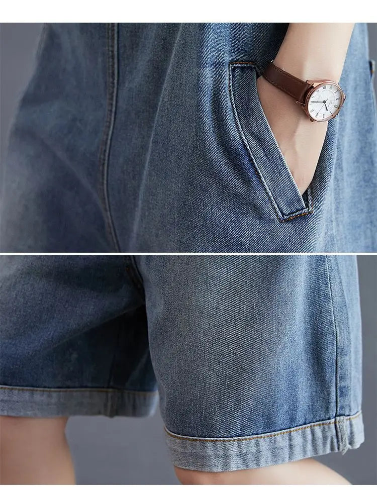 Cowboy Overalls Women's Jumpsuit Shorts 2025 Summer New Student Korean version Loose Denim Wide leg one-piece Suspender Shorts