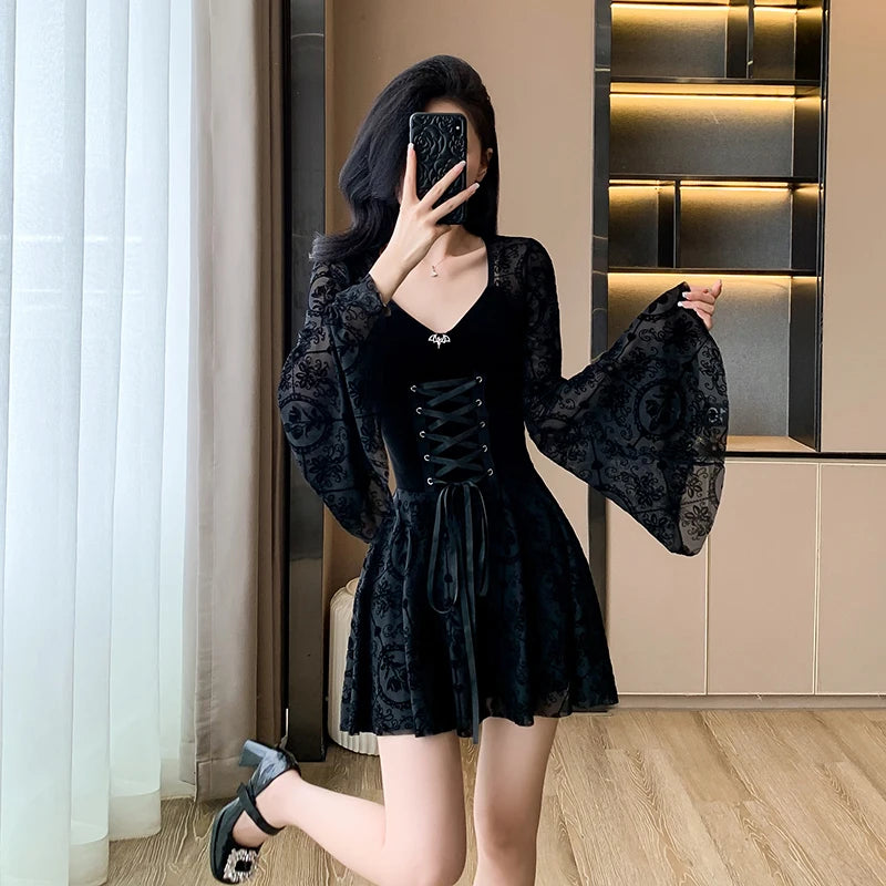 Y2K Black Velvet Flare Sleeve Mini Dress | Gothic Party Style