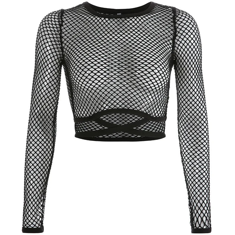 Women's Top with Mesh Mesh, Hollowed Out Straps, Exposed Navel, Round Neck, Long Sleeved Transparent Summer Sexy T-shirt