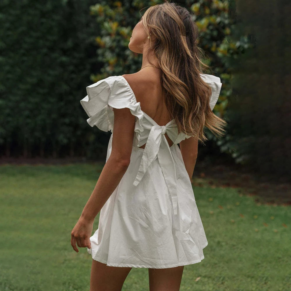Elegant White A-Line Ruffle Mini Dress | Summer Party & Vacation