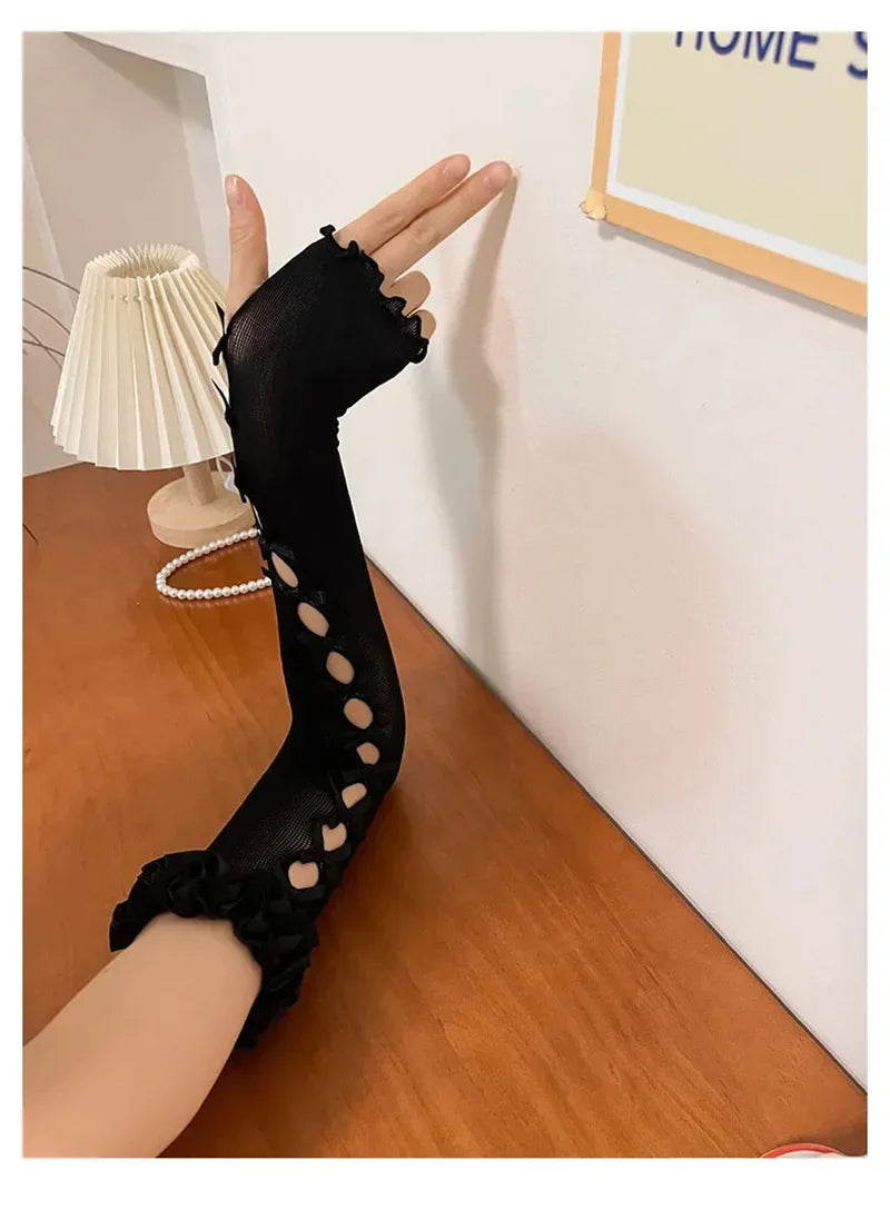 Women Thin Elastic Lace Mesh Bow Lolita Girl Cute Style Driving Glove Female Summer Sunscreen Anti-UV Wedding Dress Mitten