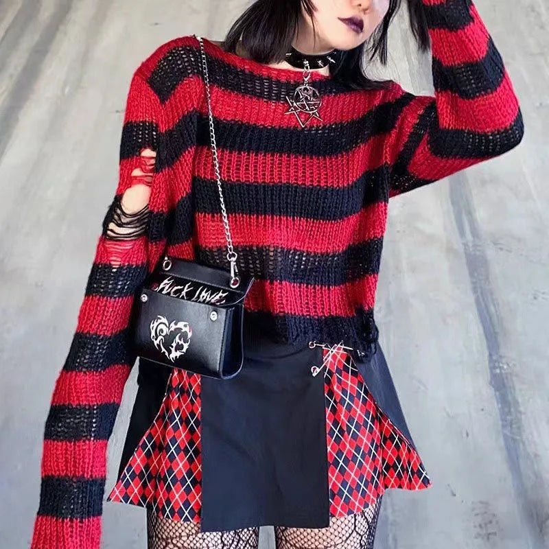 Distressed Oversized Striped Sweater Punk Grunge Knit Top