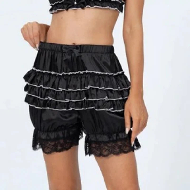 Satin Lace Ruffles Lolita Bloomers Shorts Pants Women Pink Tiered Kawaii Pumpkin Panties Y2k Vintage Victorian Bloomer