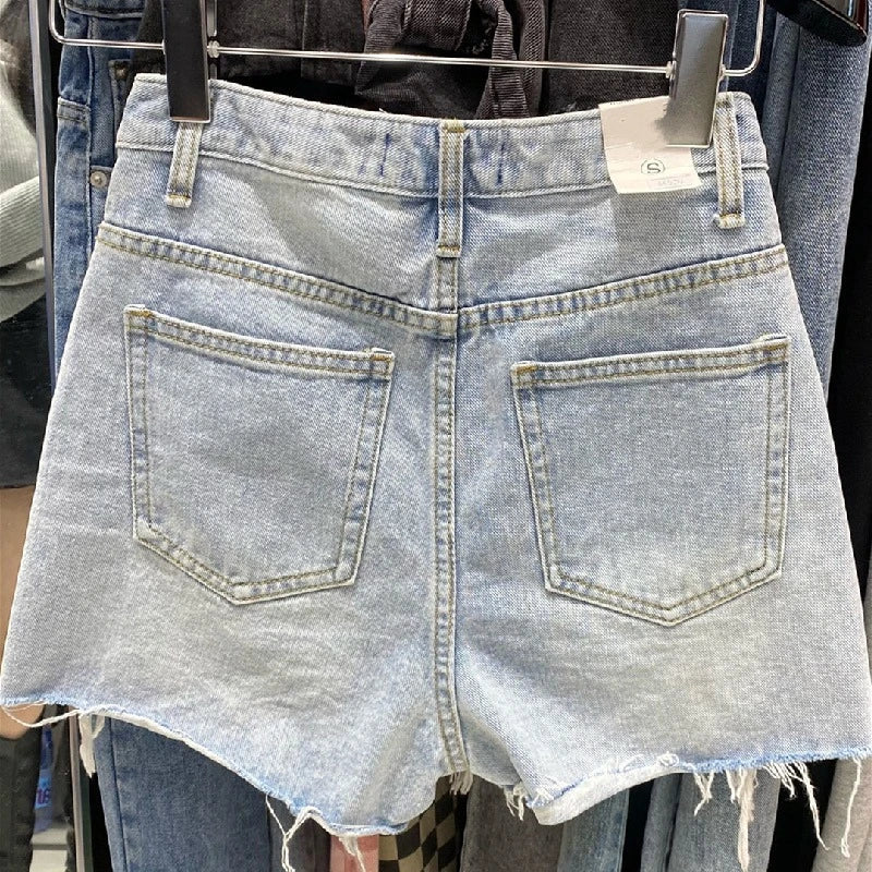 High Waisted Ripped Denim Shorts Button Fly Raw Edge Summer