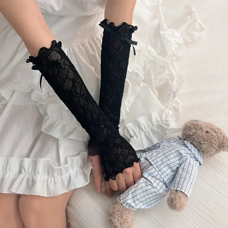 Women Thin Elastic Lace Mesh Bow Lolita Girl Cute Style Driving Glove Female Summer Sunscreen Anti-UV Wedding Dress Mitten