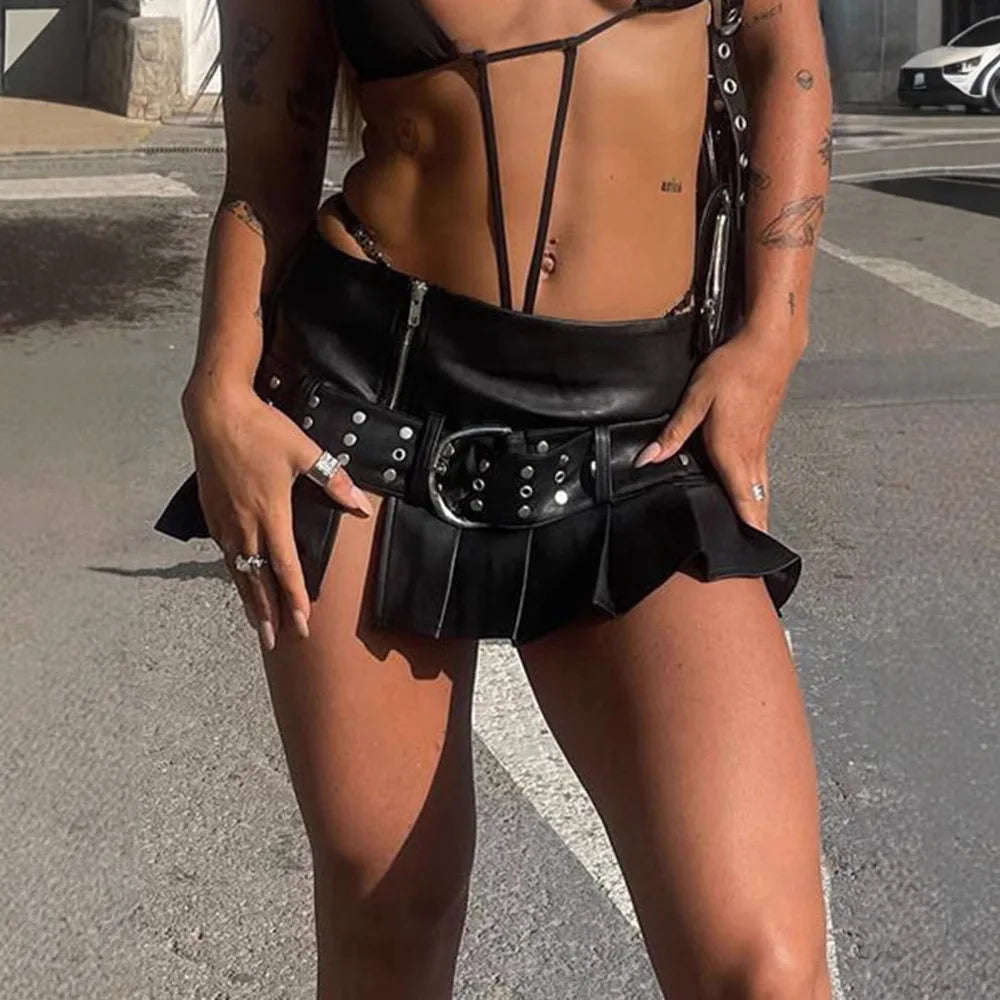 Women's Black Gothic A-line Pleated Leather Skirt Y2k Mini Shorts Skirt 2000s Vintage Clothes Summer Streetwear Punk E-Girl 2026