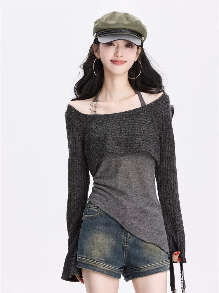 Kimutomo T Shirts Women Contrast Irregular Elegant Slim Fashion Vintage Y2k Aesthetic Harajuku Knitted Tops Ladies Grunge