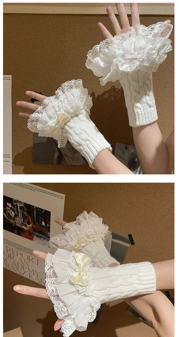 Lolita Lace Fall Winter Warm Sleeves Knitted Cute Fairy Bow Teenage Hand Sleeves Mittens Women