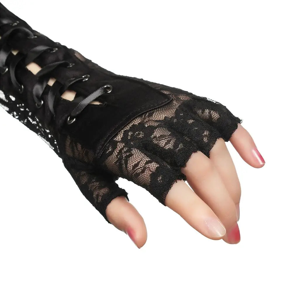 1 Pair Night Club Party Cosplay Ritual Dance Long Lace Gloves Silk Ribbon Punk Gothic Mittens Halloween Gloves