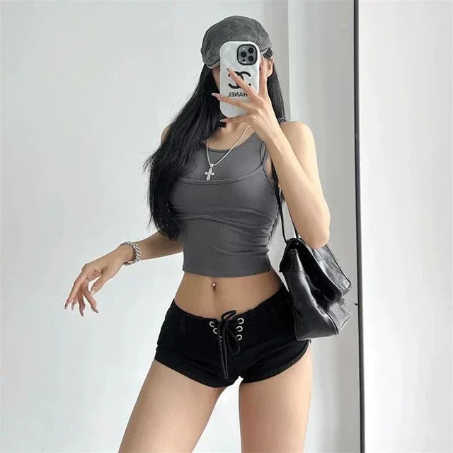 Y2K 2000S Black Denim Shorts Women Sexy Low Rise Bandage Shorts Jeans Summer Streetwear Fashion Slim Hot Short Pants New