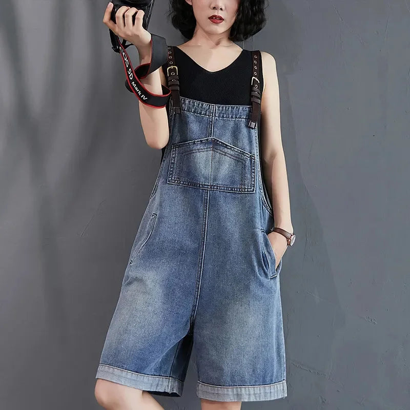 Cowboy Overalls Women's Jumpsuit Shorts 2025 Summer New Student Korean version Loose Denim Wide leg one-piece Suspender Shorts