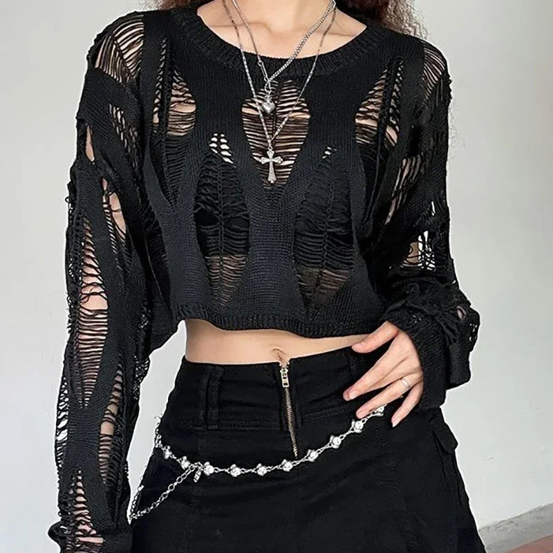 Women Hole Hollow Out Y2K T-shirts Batwing Sleeve Knitted Shirt for Women Punk Loose Streetwear Tops Spring Autumn 2026