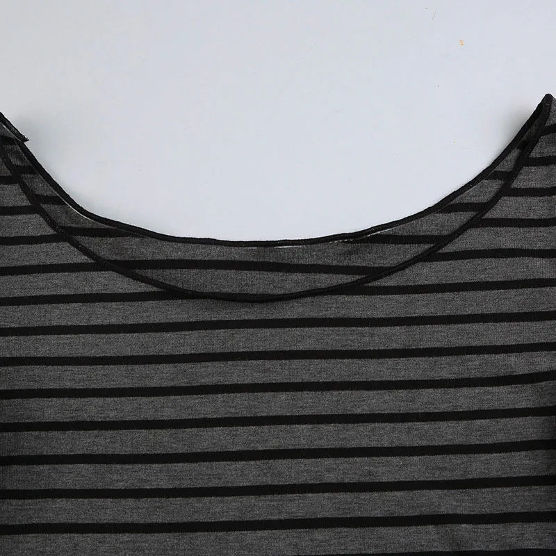 Harajuku Basic Slim Long Sleeve Stripe Tee Off Shoulder O Neck Korean Street Style Spring Autumn Y2K Women's Gray T Shirt