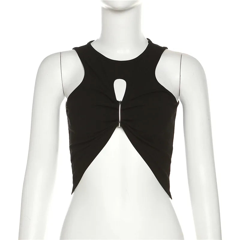 2026 Summer Sexy Y2k Aesthetic Solid Tank Top Harajuku Hollow Out Pleated Cropped Camisole Vintage Irregular Bodycon Tanks Women