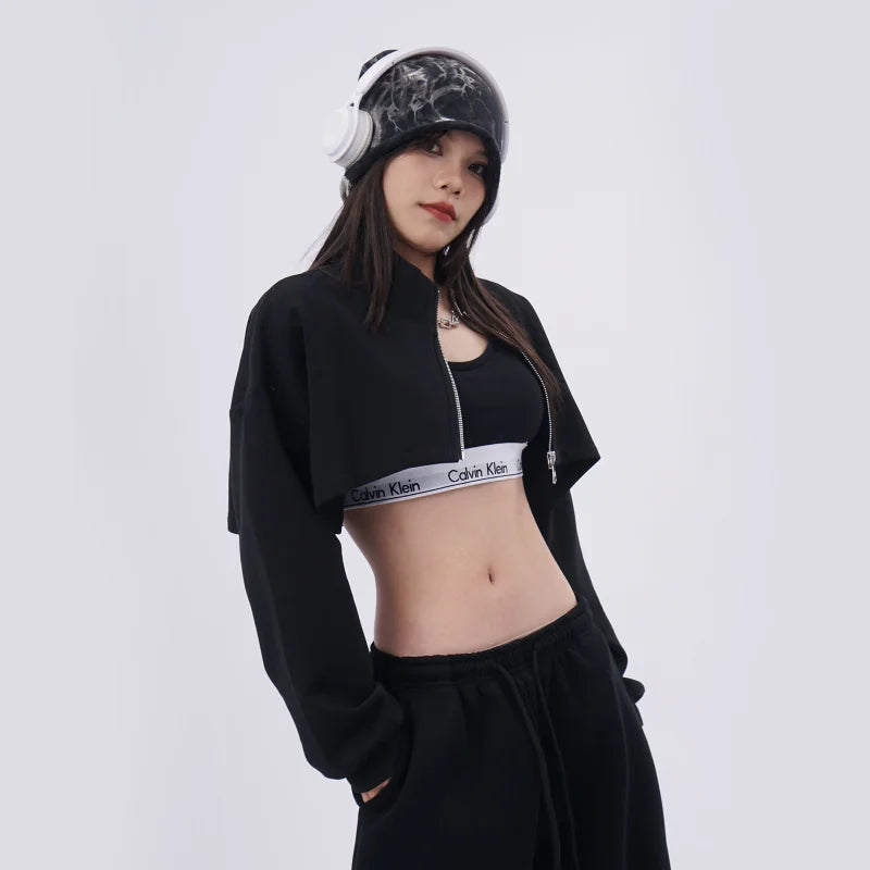 Sexy ort Zipper Hoodie Jaet Women's Loose Fit Bla Cardigan Sweatirt Outerwear Hip Hop Sle Ele Faion Ladies' Coat