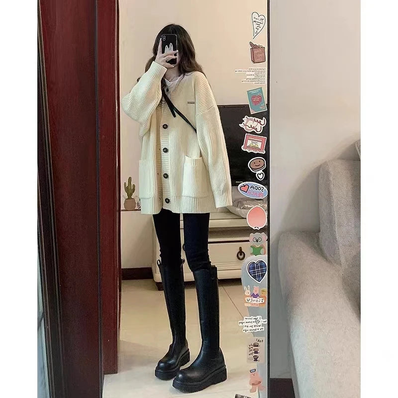 Gray Mid-Length Knitted Sweater Coat Women's Autumn Outerwear Japanese Lazy Vintage Milk System Soft Cozy Open Cardigan