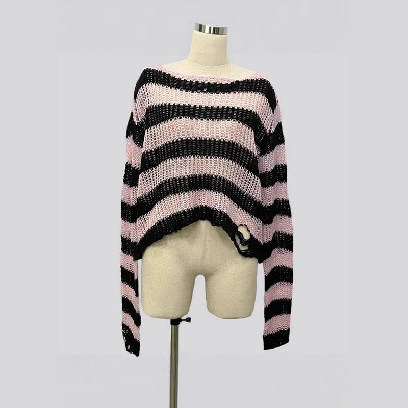 Distressed Oversized Striped Sweater Punk Grunge Knit Top