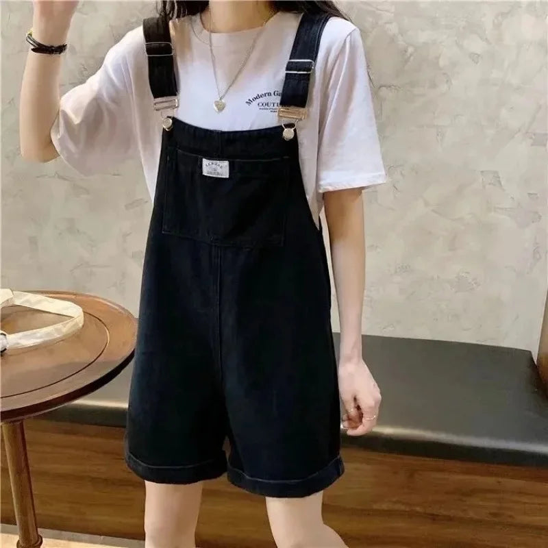 Summer New Style Loose Korean Version Women's Denim Overalls Straight Leg Jeans Color Purple Two-Piece Suit
