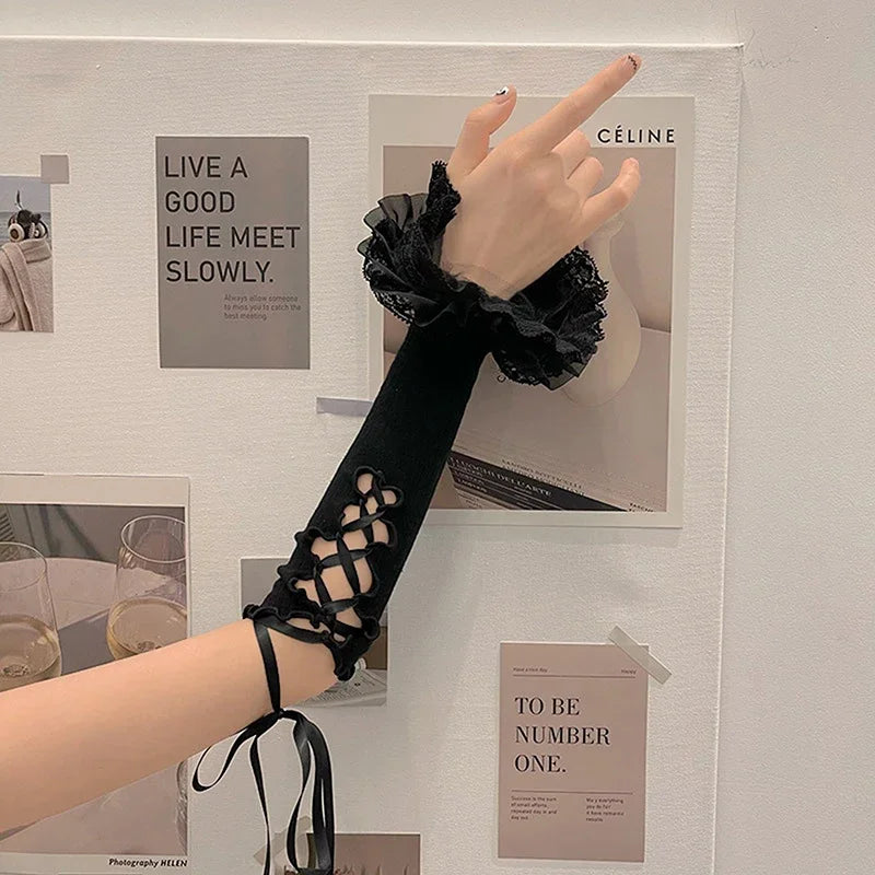 Black White Lace Strap Arm Sleeves Vintage Ribbon Bow Gothic Gloves for Women Girls Sweet Lolita Cuffs Covers Sunscreen Sleeves