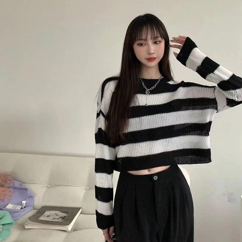 Black White Striped Cropped Sweater | Y2K Goth Knit Pullover