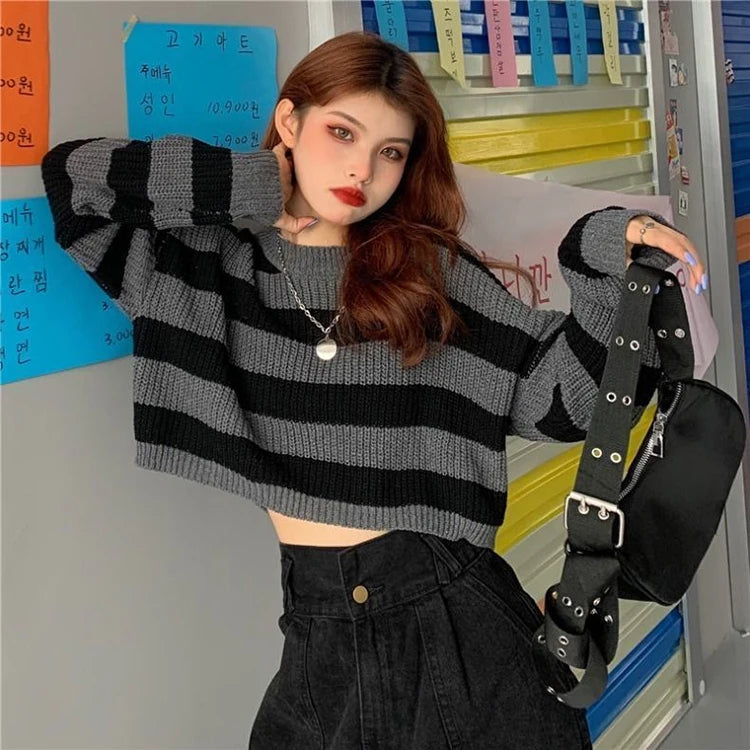 Black White Striped Cropped Sweater | Y2K Goth Knit Pullover