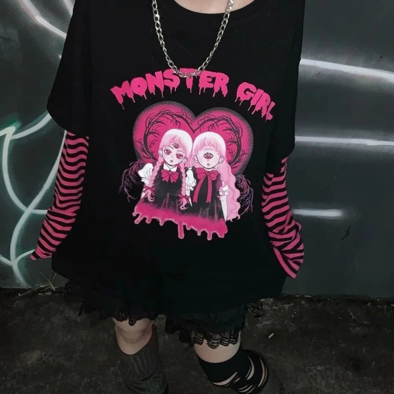 Japanese anime black women's T-shirt early autumn new loose original night style long sleeve hot girl trend women's tops emo