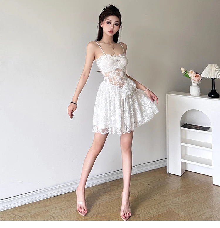 Elegant Lace Splice Bare Shoulder A-Line Midi Dress
