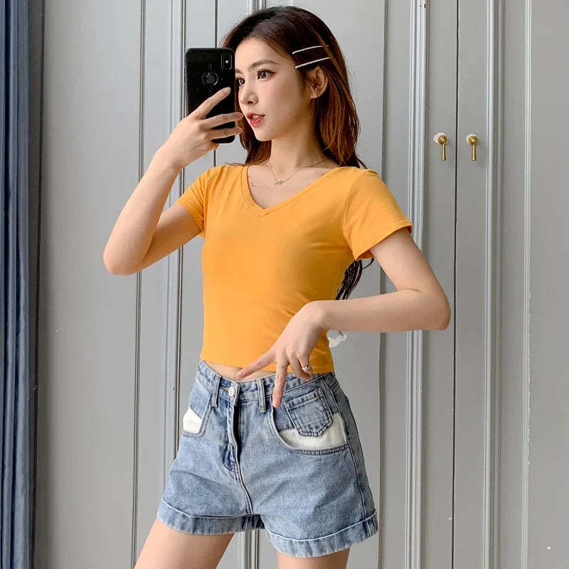 Summer Fashion Solid V Neck T Shirts Women Short Sleeve Sexy Crop Tops Ladies Casual Tees Top Tees Female Black Cotton T-Shirts