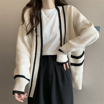 Oversized Korean Patchwork Cardigan V-Neck Open Front Pockets