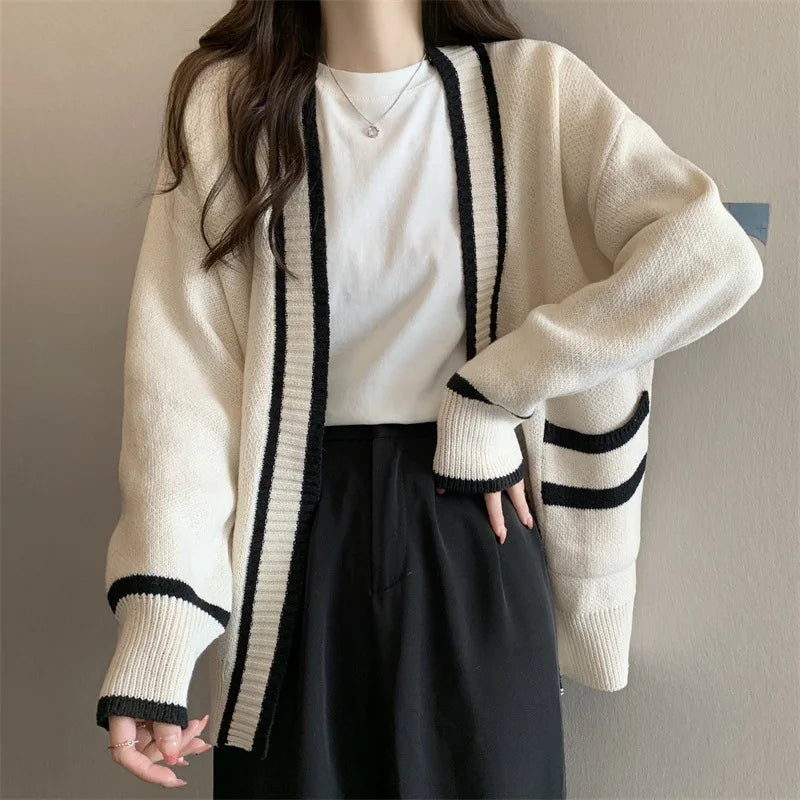 New Korean Women Cardigan Jackets Patchwork Clothing V Neck All Match Sueter Mujer Casual Fashion Knitted Oversized Sweater Tops