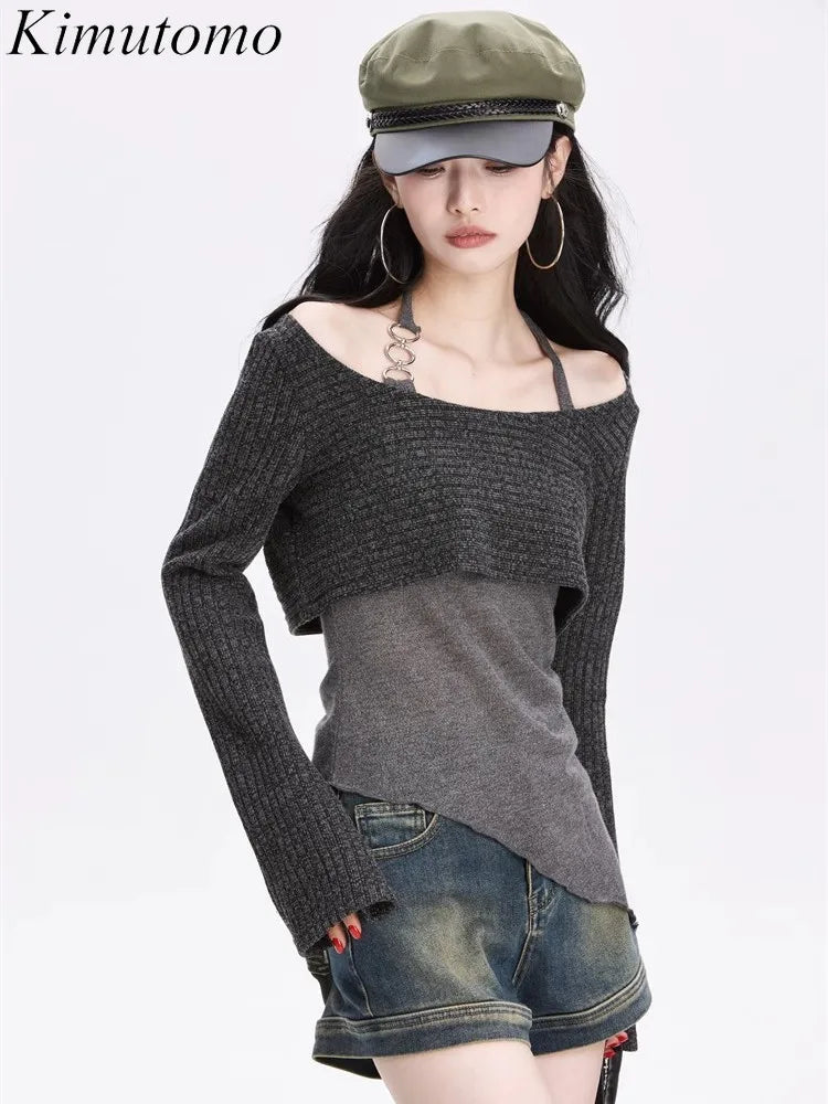 Kimutomo T Shirts Women Contrast Irregular Elegant Slim Fashion Vintage Y2k Aesthetic Harajuku Knitted Tops Ladies Grunge