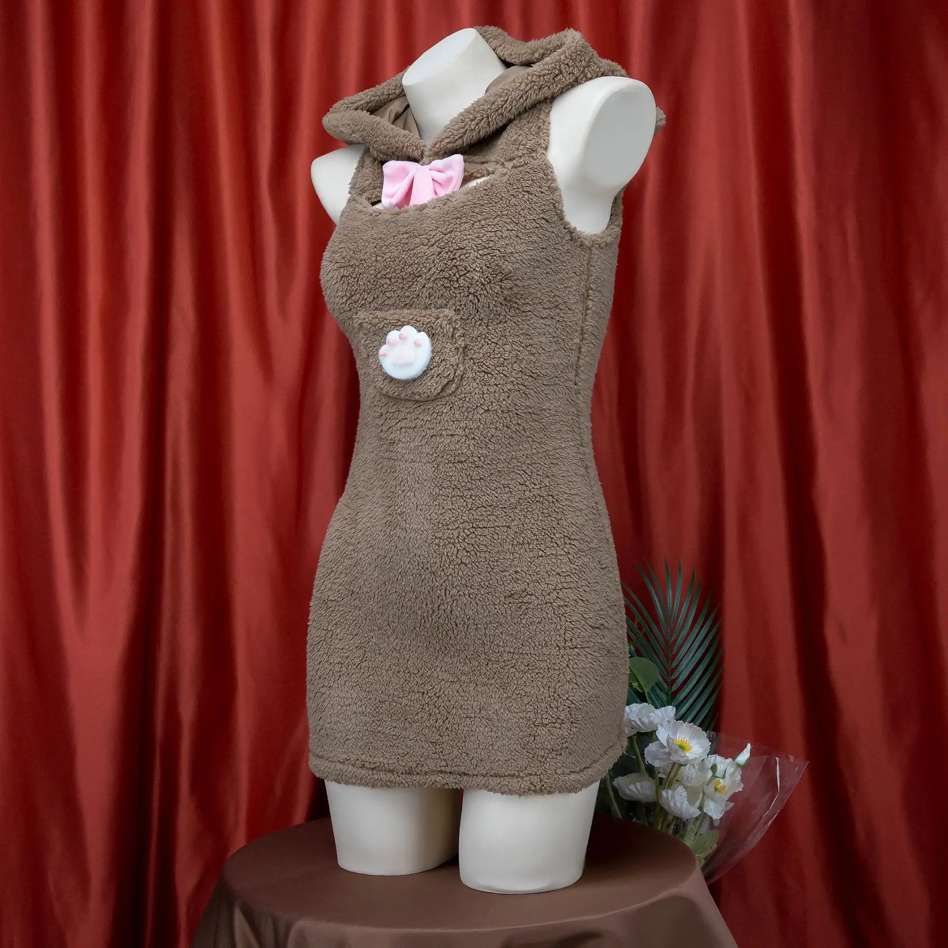 White Fluffy Bear Ear Sleep Dress | Cute Hooded Loungewear Set