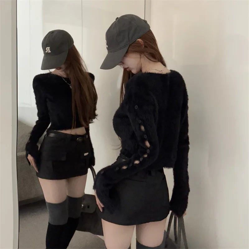 Sexy ort Knitted Sweater Women's Spring Autumn Soft Cozy Design Hole Knitwear Pure Desire Versatile Base Layer ort Top