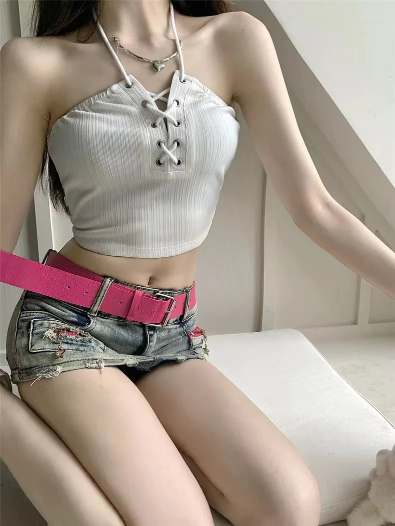 Sexy Y2K Denim Shorts Women Summer Blue Patchwork Low Waist Jeans Mini A-line Skirts Harajuku Vintage Punk