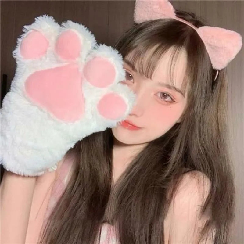 Cute Plush Cat Claw Gloves Large Size Women Halloween Christmas Party Cosplay Girls Winter Plush Fluffy Warm Full Finger Mitten