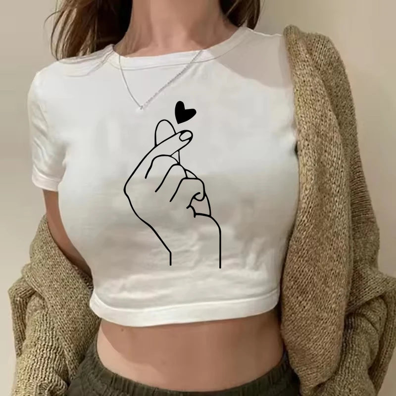 Women Funny Hand Heart Print Cropped T Shirt 2000s Girls Summer O Neck Tshirt 90s Harajuku Graphic Crop Tops Female Clothes