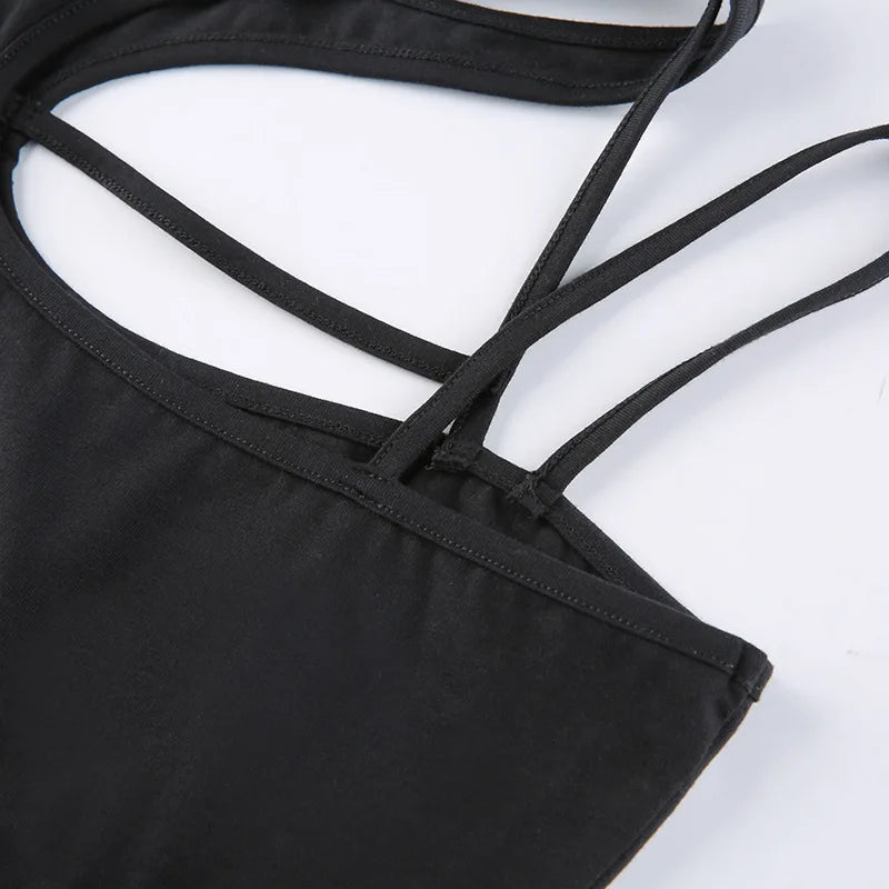 Women Hollow Out Black Y2K Tees Sleeveless Skinny Tops Cool Punk T-shirts Techwear 2024 Spring Summer New Sexy Crop Top