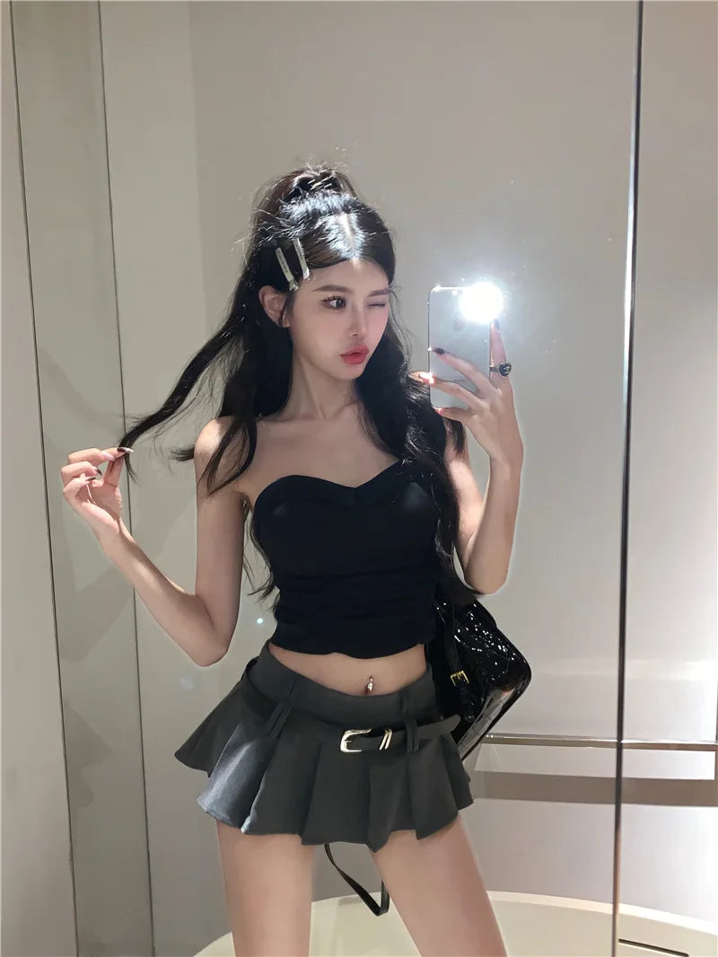 Women's Low Rise Pleated Mini Skirt Sexy A-Line Short Skirt with Belt and Built-In Shorts for Summer
