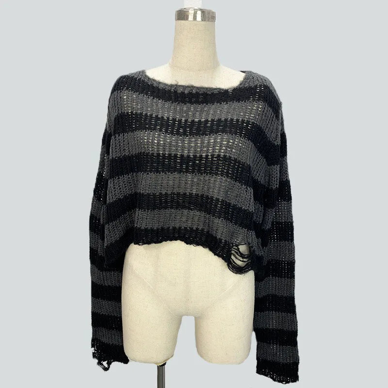 Distressed Oversized Striped Sweater Punk Grunge Knit Top