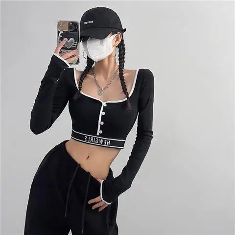 New Style Women's Tight Long-sleeved T-shirt Colour blocking Ultra-short Bottom High Waist Neckline Innerwear Athletic Tops
