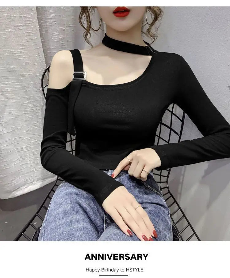 Chic Shoulder Bared Long Sleeve Base Shirt for Women Stylish Slim Fit Trendy Top Casual Loose Style Daily Wear Girl's Fashion