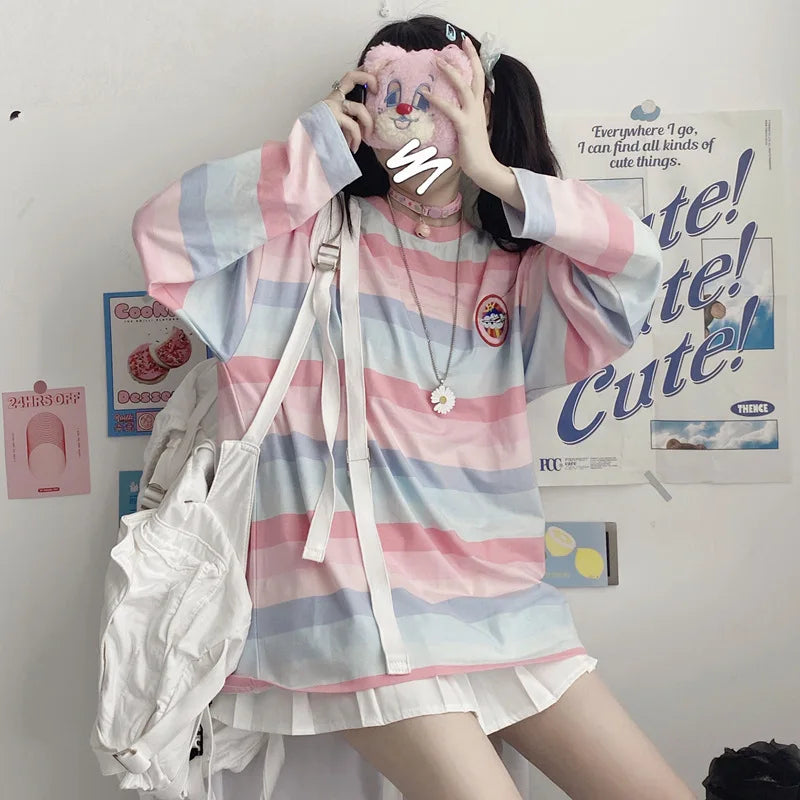 Loose Long Sleeve Striped T-Shirt Women's Base Shirt Student Style Korean Version Autumn New Arrival Female Top round Neck