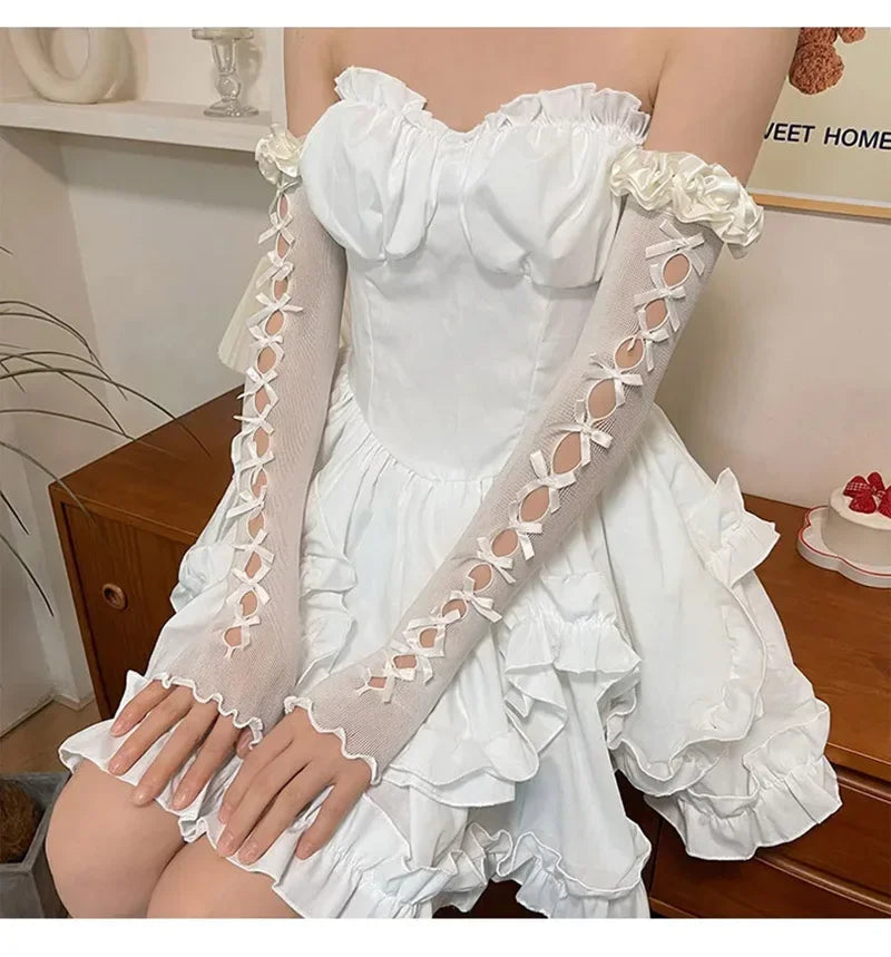Women Thin Elastic Lace Mesh Bow Lolita Girl Cute Style Driving Glove Female Summer Sunscreen Anti-UV Wedding Dress Mitten