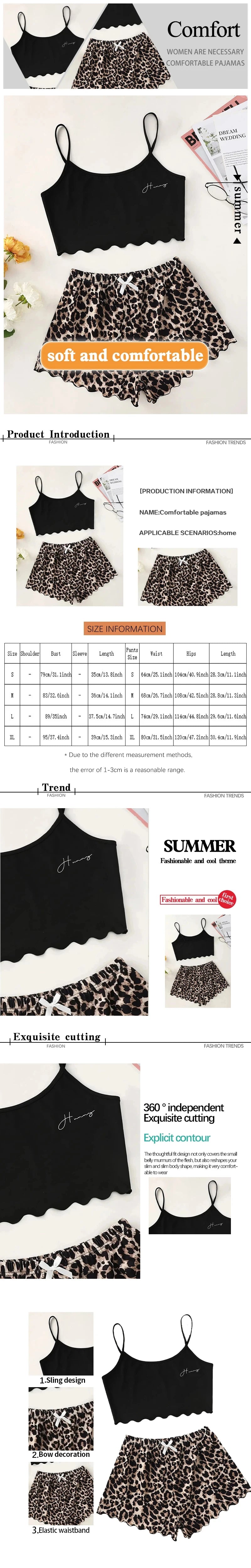 Women's Pajamas Set Sexy Lingerie Leopard Print Sling Sleepwear V-Neck Sleeveless Top and Shorts Sets Pyjamas Homewear