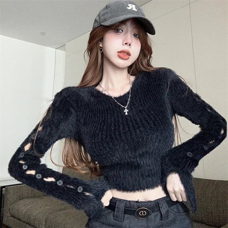 Sexy ort Knitted Sweater Women's Spring Autumn Soft Cozy Design Hole Knitwear Pure Desire Versatile Base Layer ort Top