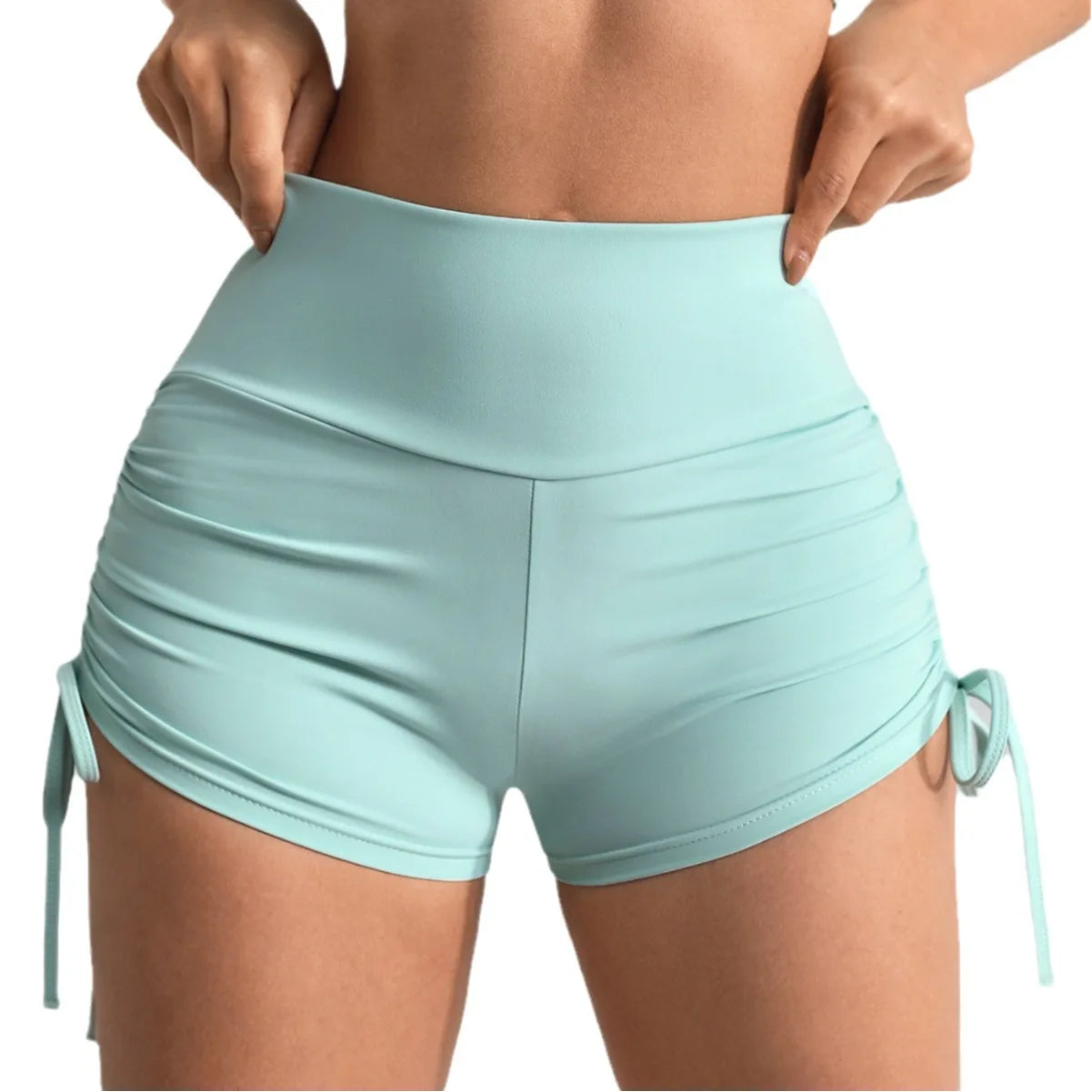 High-Waisted Ruched Yoga Shorts - Tie Detail Gym & Running