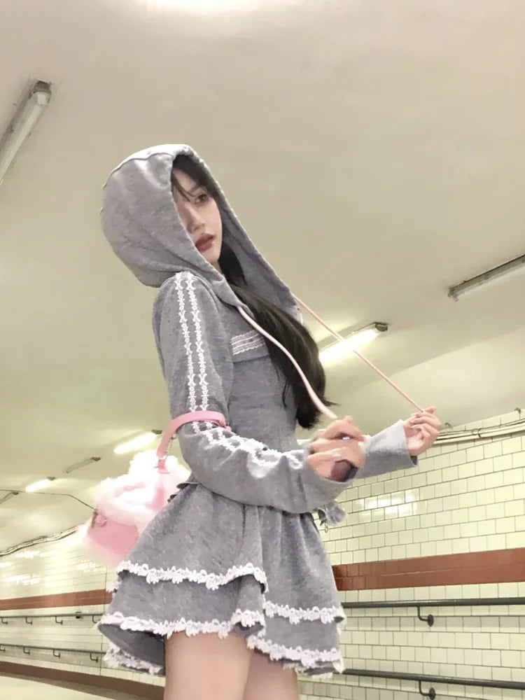 Sweet Lace Patchwork Hoodie And  Skirt Slimming Women's Two-Piece Set Fashionable Casual Wear for Autumn Season