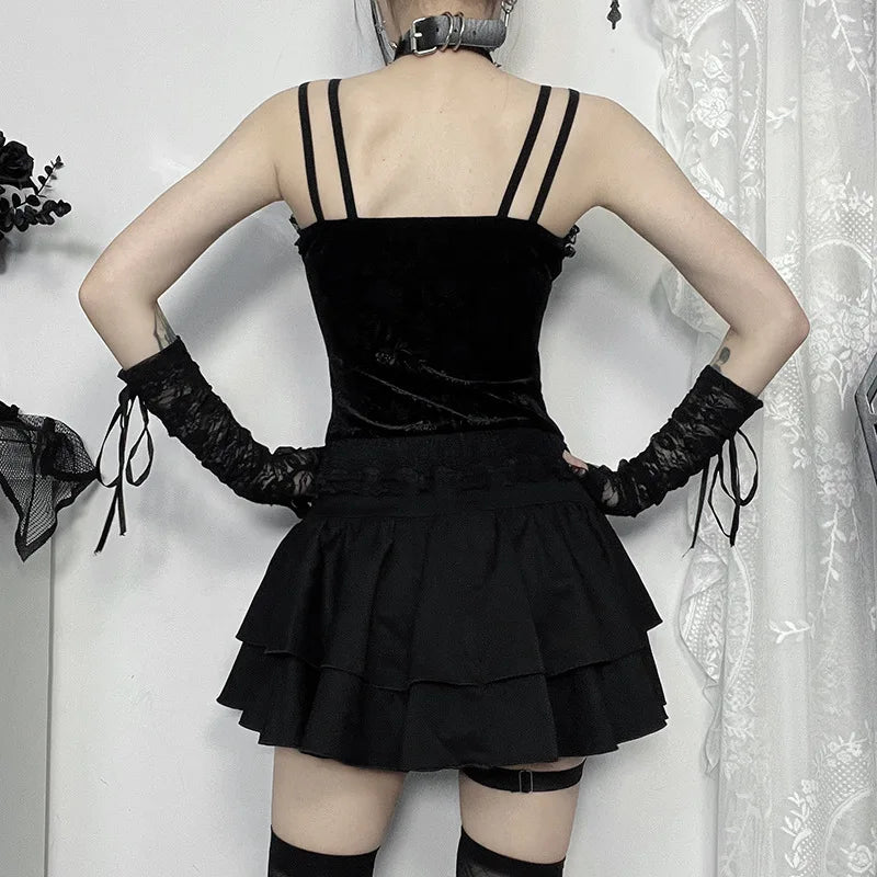 Goth Dark Punk Cross Patchwork Pleated Skirts Mall Gothic Techwear Bottoms Grunge Aesthetic Women Bandage Mini Skirt Alt Clothes
