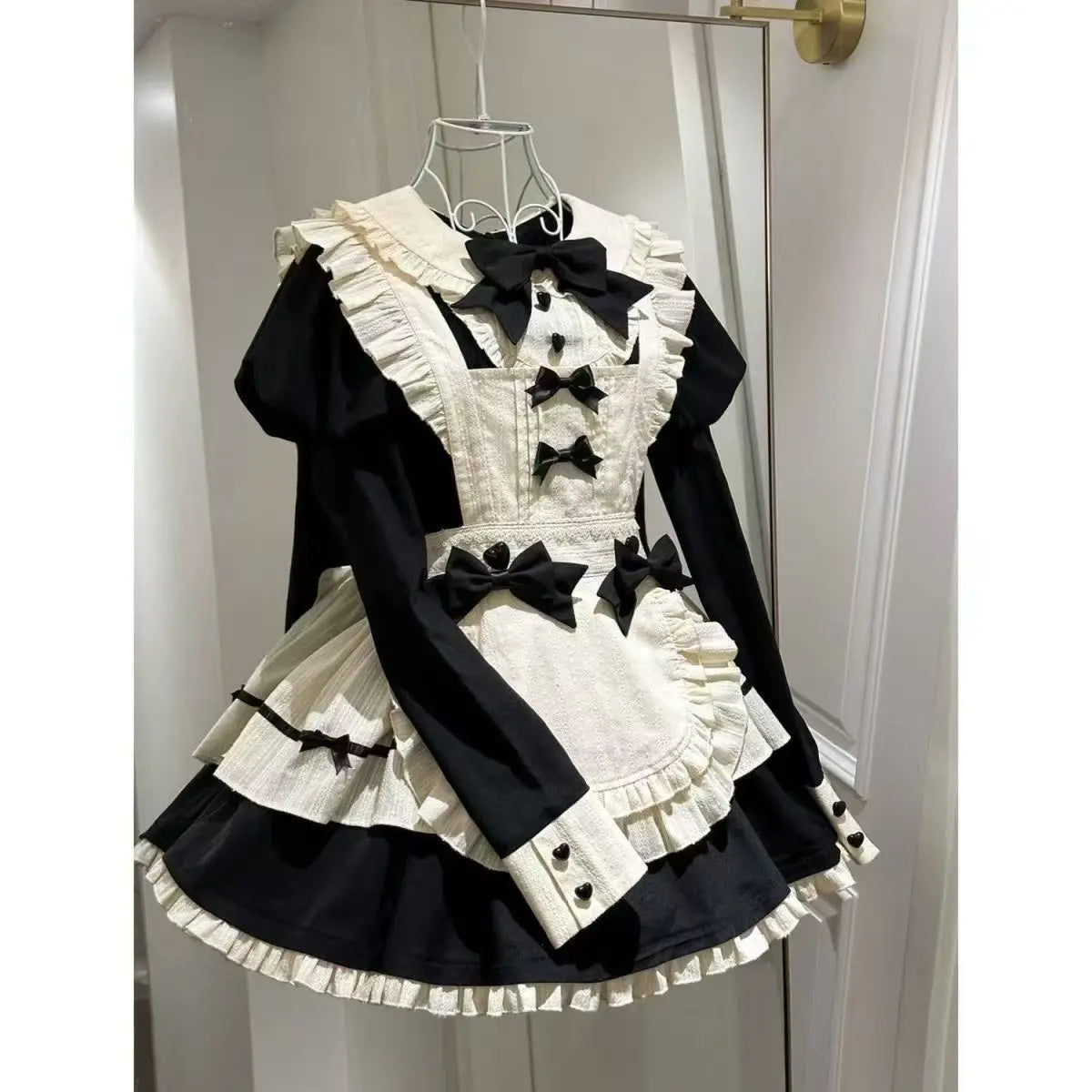 Autumn Japanese Women's Puff Sleeve Doll Collar Dress and Bowknot Apron Vintage Set Cute Lolita Maid Style Sweet Two-piece Set